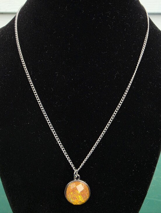 Handmade Jewelry - Stainless Steel Chain Necklace with Faceted Faux Fire Opal Pendant